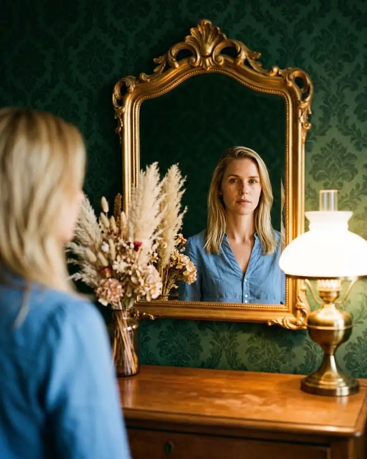 AI example of a woman's reflection in an ornate gold mirror with green wallpaper