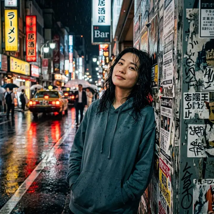 Woman in a teal hoodie leaning on a poster-covered wall on a rainy neon street