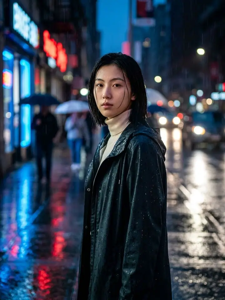 Woman in a dark raincoat walking down a rainy neon-lit street at night