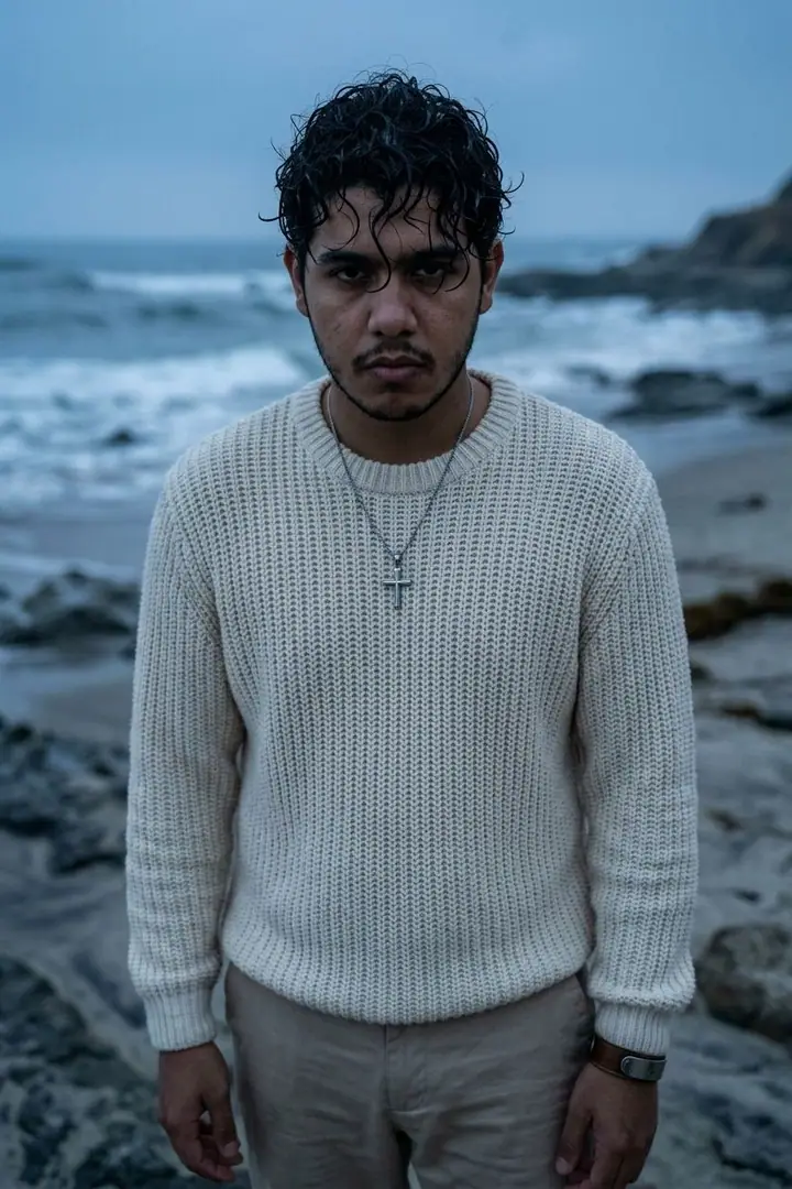 Young man in a cream cable-knit sweater on an overcast rocky beach