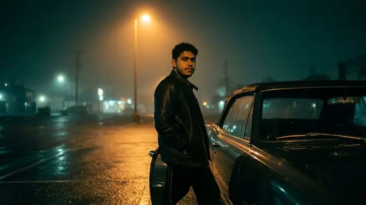 AI example of a man leaning on a vintage convertible under a streetlight at night