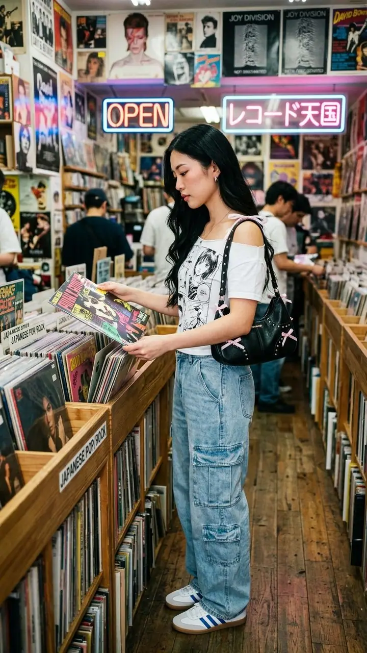 Young woman examining a vinyl record in a busy neon-lit record store