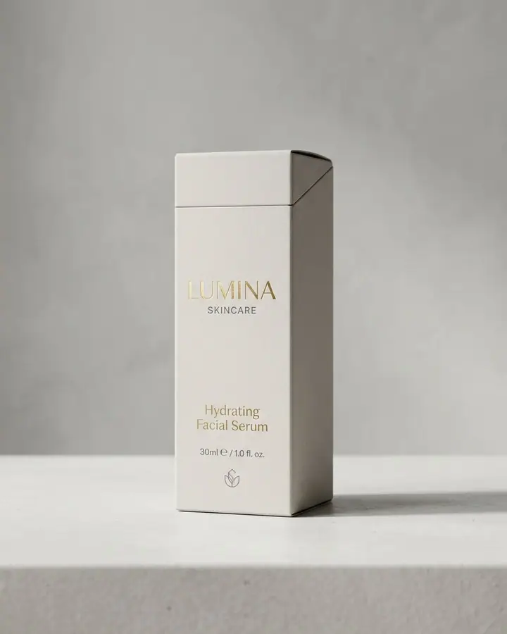 Assembled printed packaging box rendered in a minimal white studio
