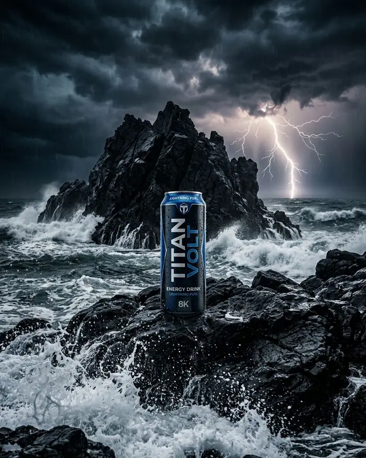 Drink can standing on a black rock in a stormy ocean with lightning