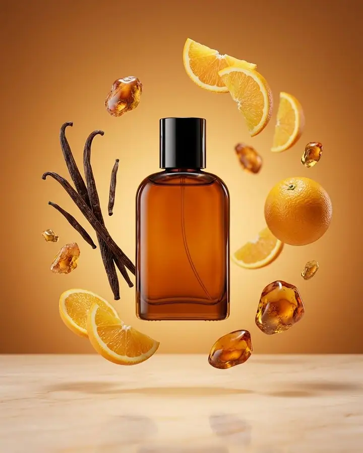 AI example of an amber perfume bottle surrounded by floating vanilla pods and orange slices