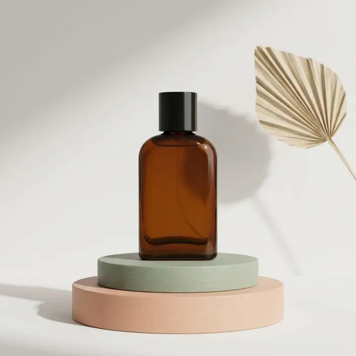 AI example of an amber perfume bottle on stacked peach and sage podiums