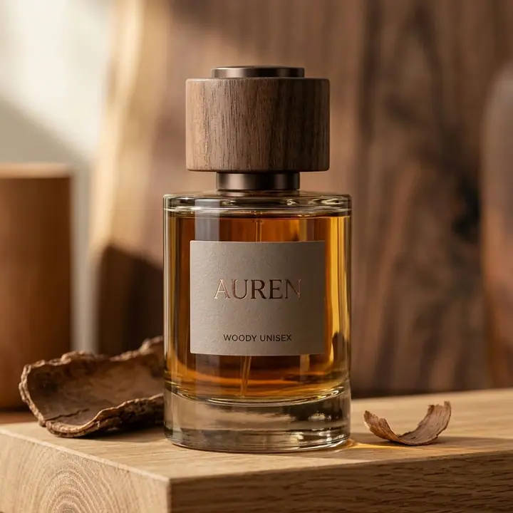 Perfume bottle with a wooden cap on a walnut block with bark and branches