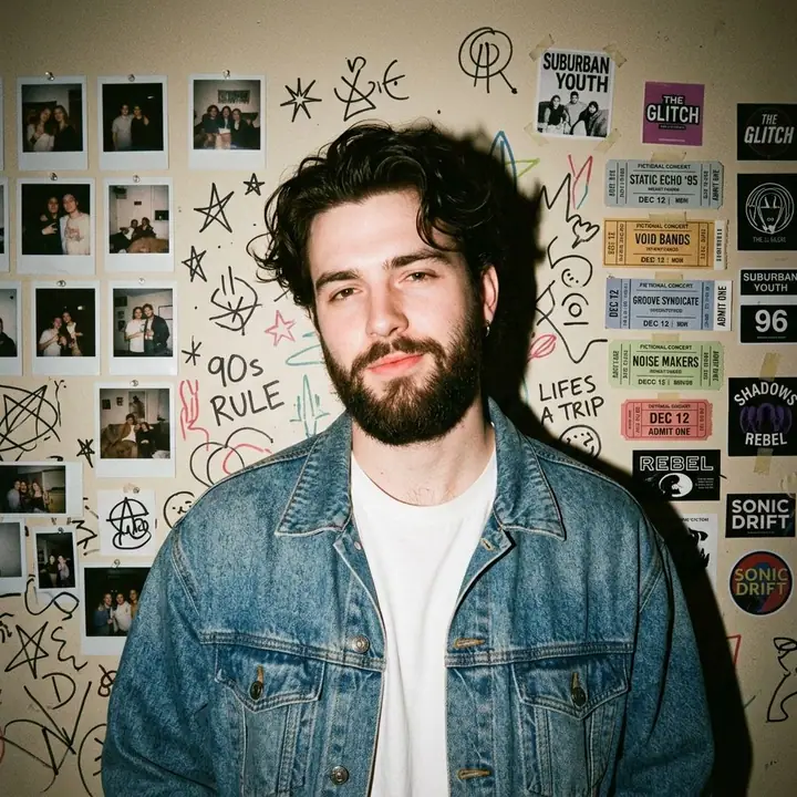 Bearded man in a vintage denim jacket against a wall of polaroids and doodles