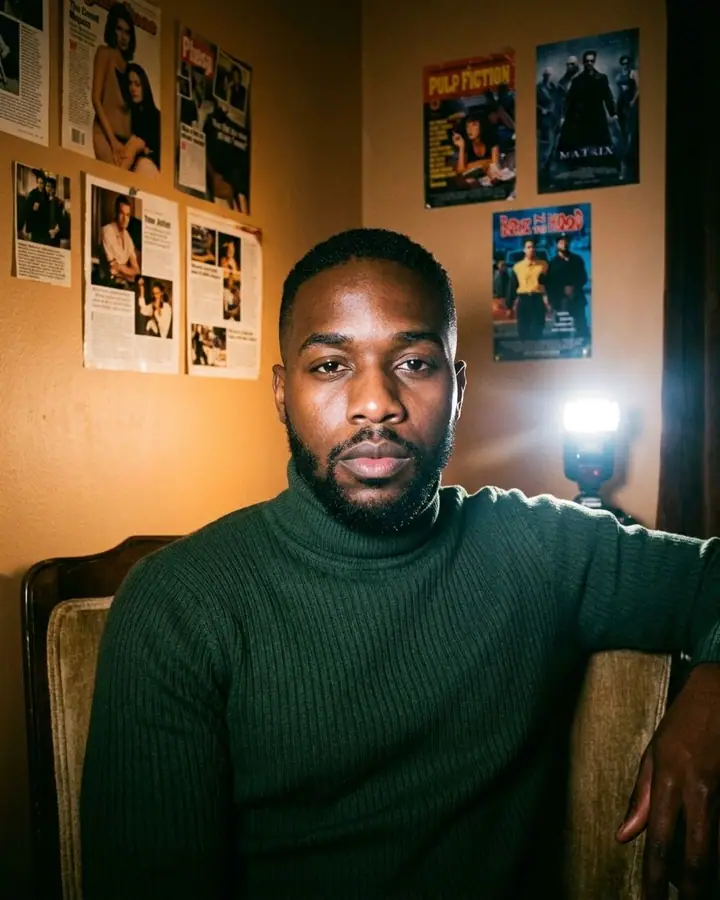 Man in a turtleneck lit by direct flash against a wall of 90s magazine clippings