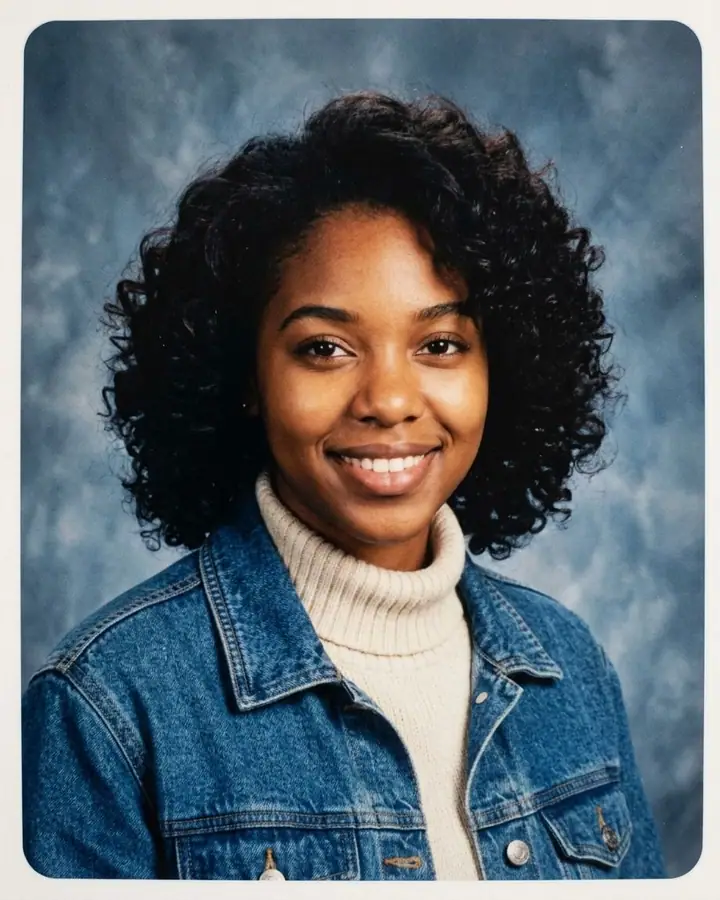 AI example of a 1990s-style yearbook portrait of a woman with curly hair against a mottled backdrop