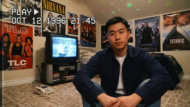 AI example of a VHS camcorder still of a man in a 90s bedroom with a CRT TV