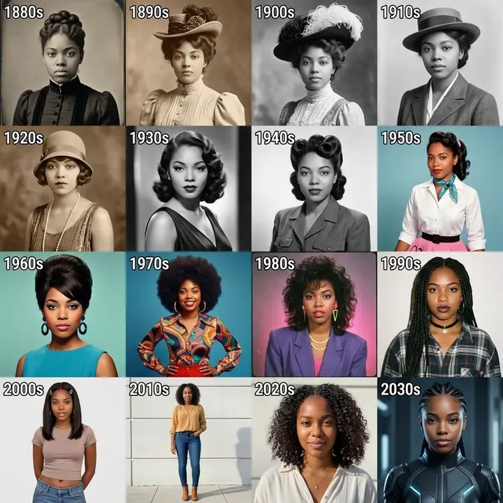 Sixteen-panel grid of the same person styled in each decade from the 1880s on