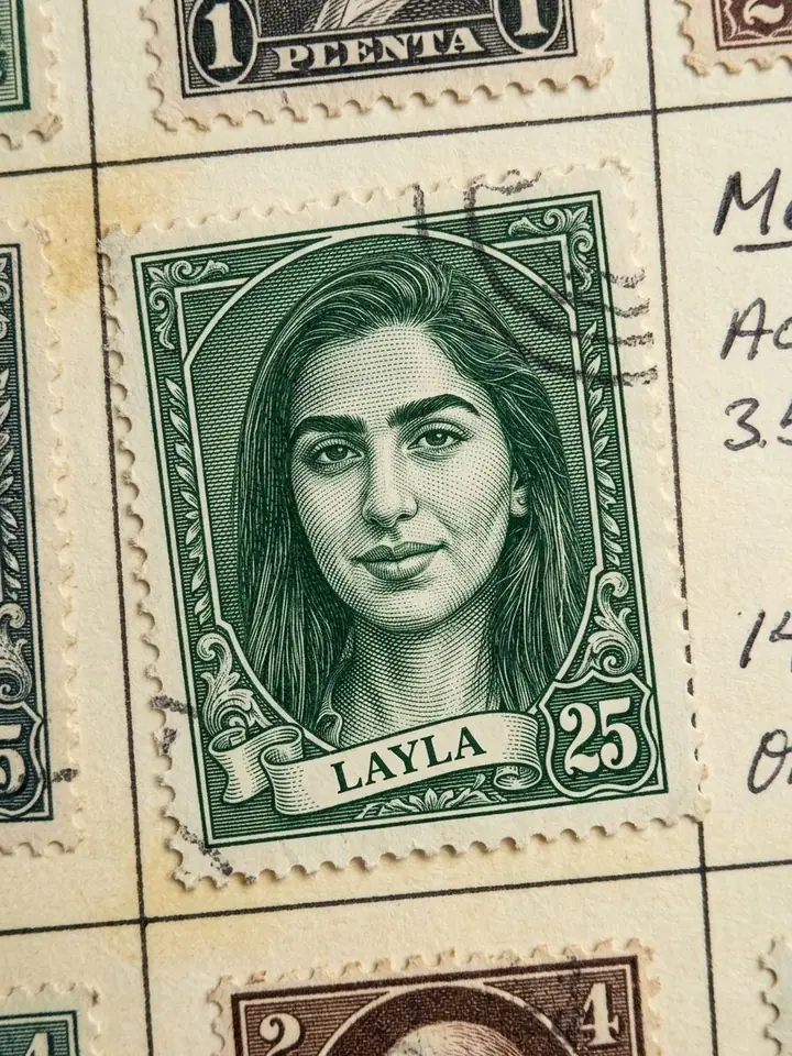 AI example of a vintage engraved postage stamp featuring a woman's portrait