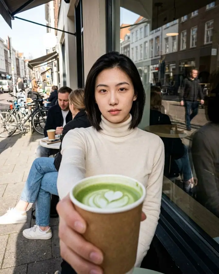 Wide-angle shot of a person holding a coffee cup close to the camera outside a café