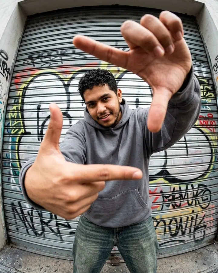 Man making a finger frame toward a fisheye lens in front of a graffiti shutter
