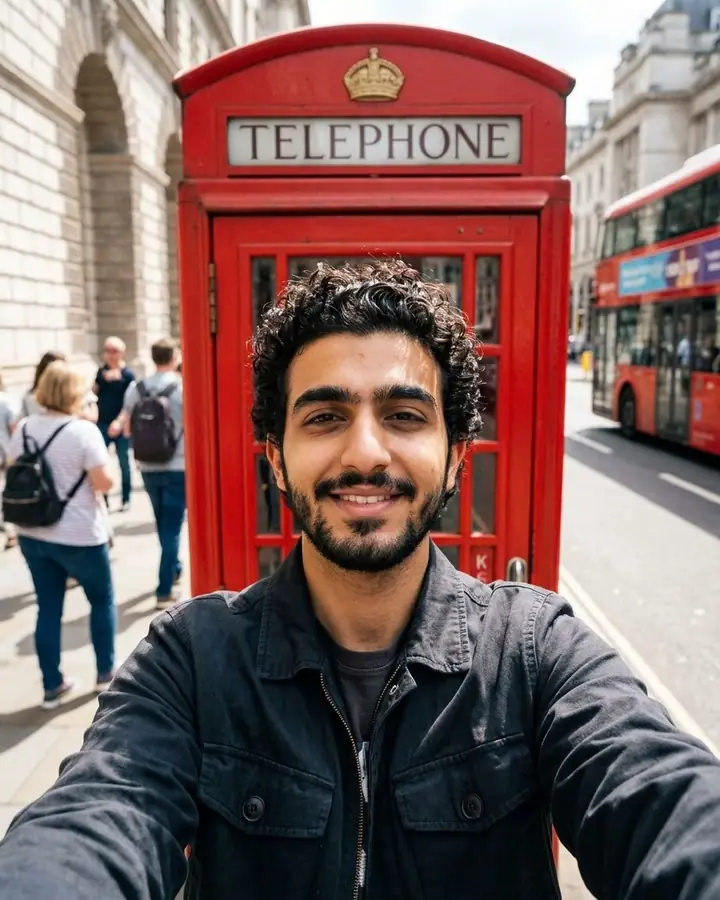 AI example of a travel selfie of a man in front of a red telephone box