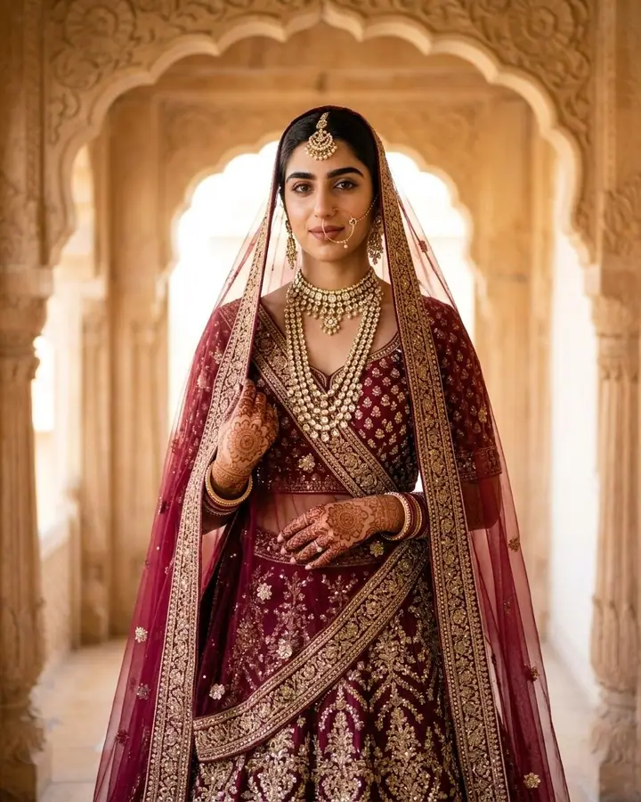 AI example of a woman in a maroon bridal lehenga in a carved courtyard