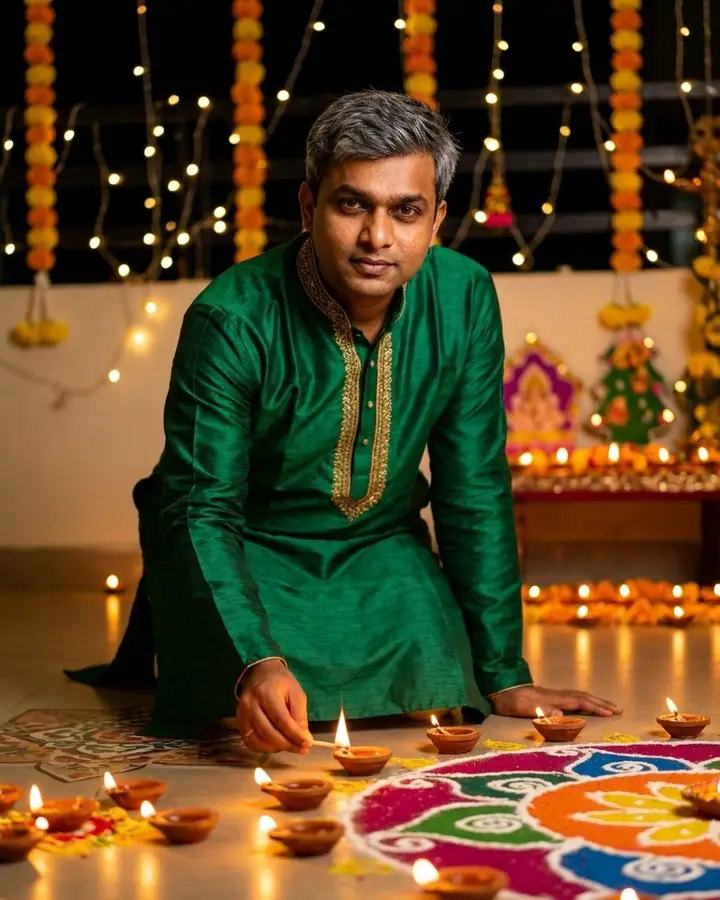 AI example of a man in an emerald kurta lighting a diya beside a rangoli