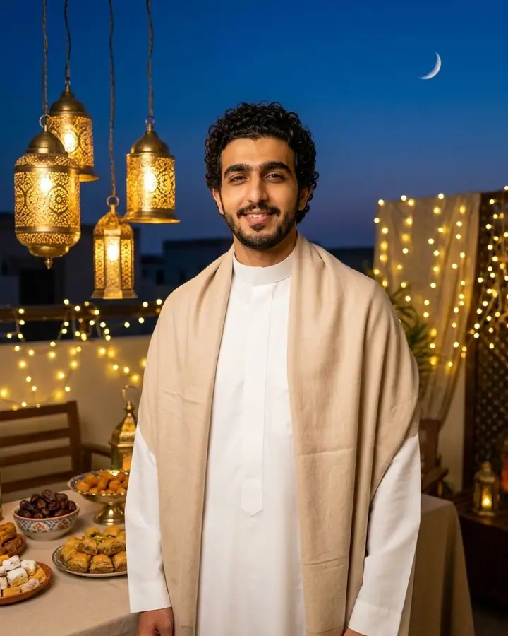 AI example of a man in a white thobe on a lantern-lit terrace under a crescent moon