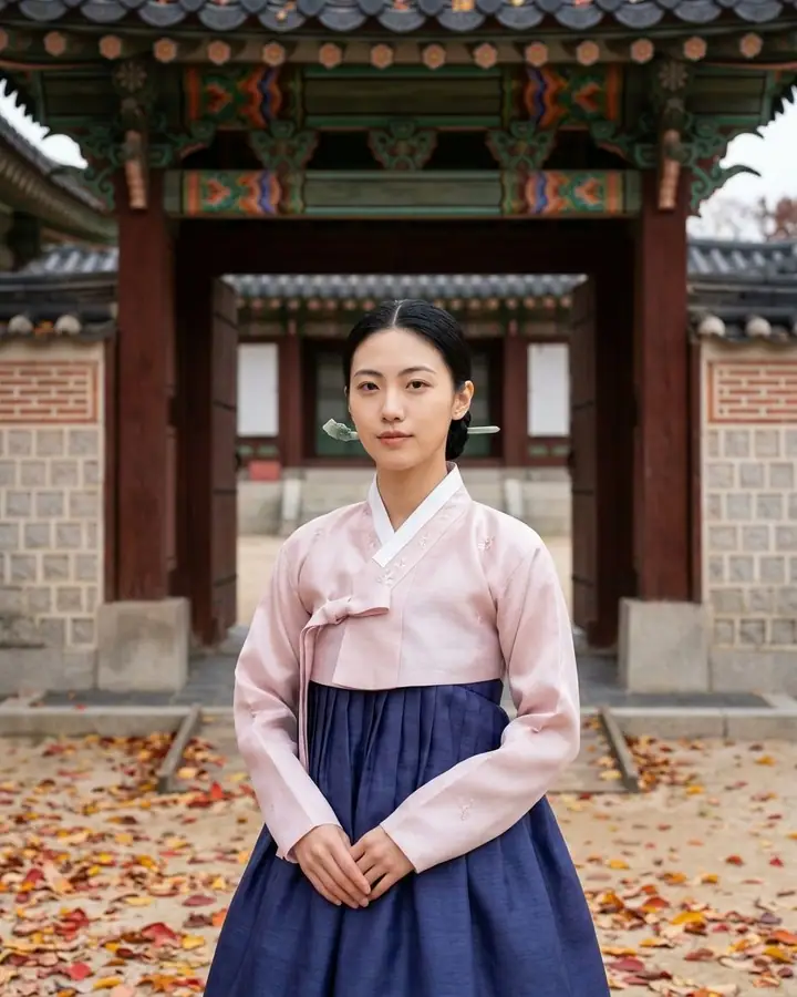 AI example of a woman in a pastel hanbok in front of a painted palace gate