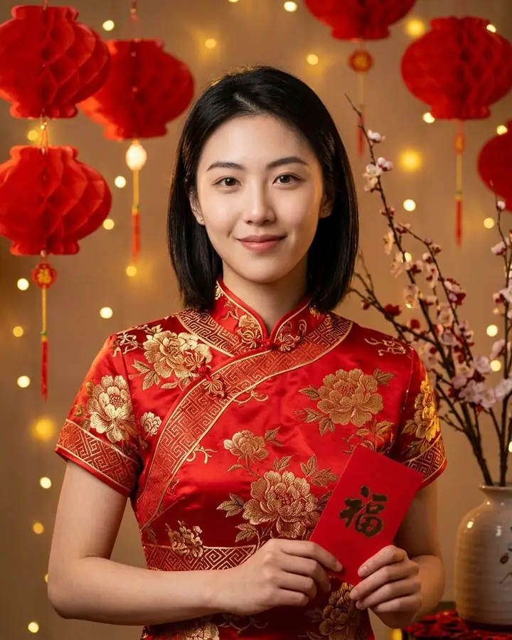 AI example of a woman in a red qipao under red lanterns holding a red envelope