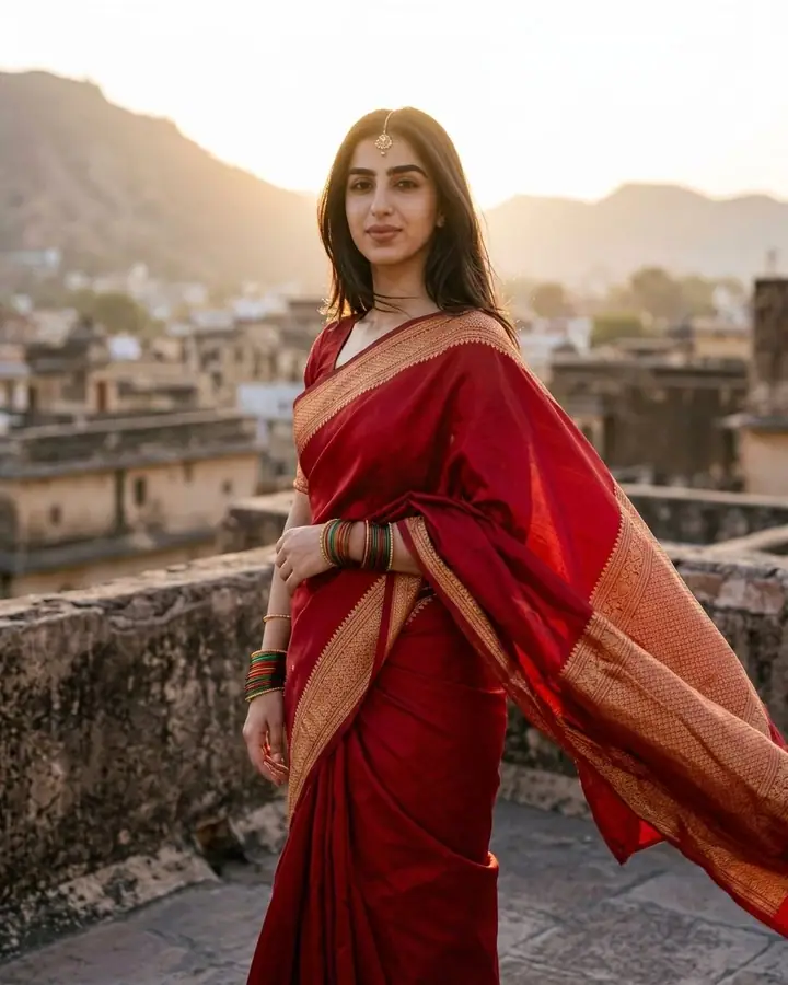 AI example of a woman in a red silk saree on a stone rooftop at golden hour