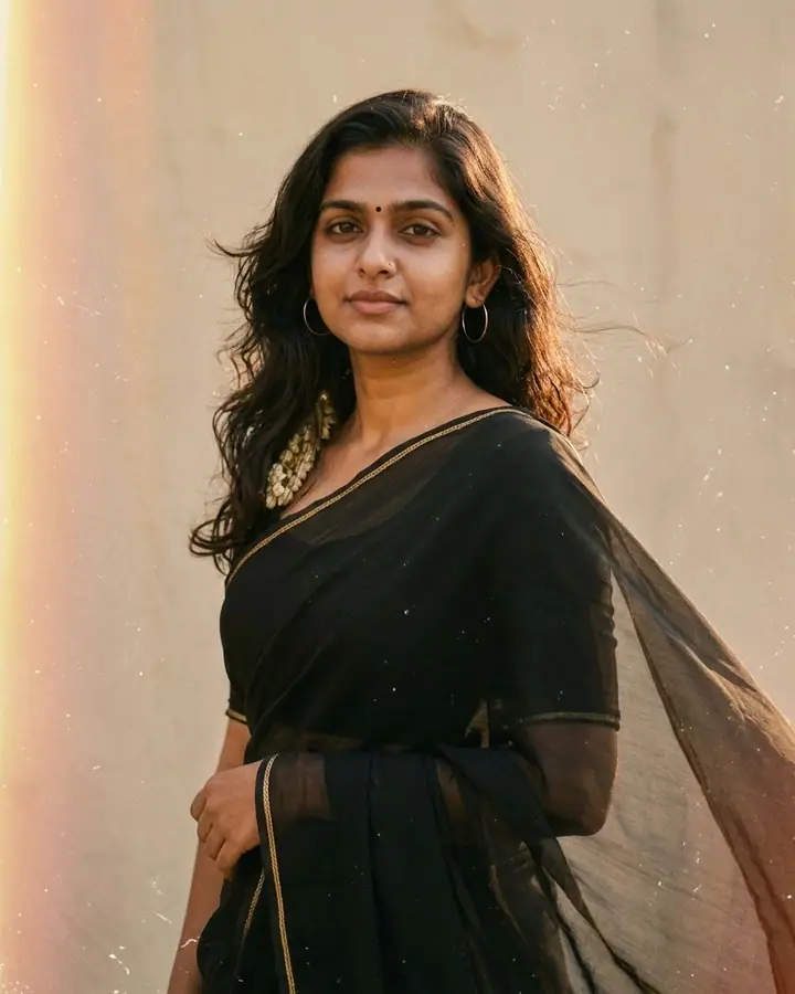 AI example of a woman in a black chiffon saree with jasmine in her hair, in a grainy vintage film style