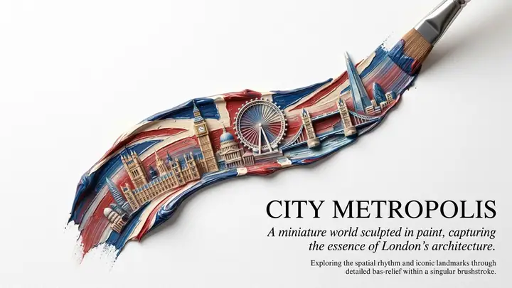 Paintbrush stroke on white paper with a miniature city sculpted in red paint