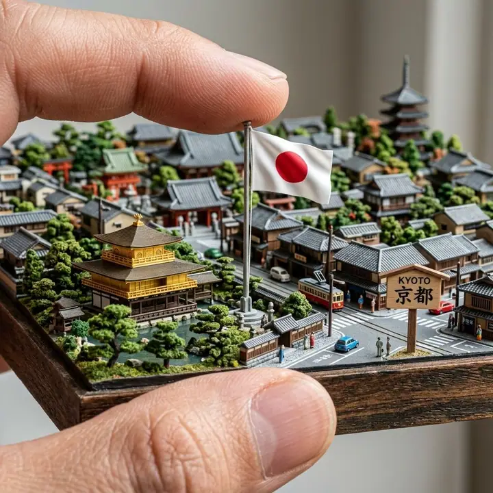 Miniature city diorama with a national flag held between two fingers