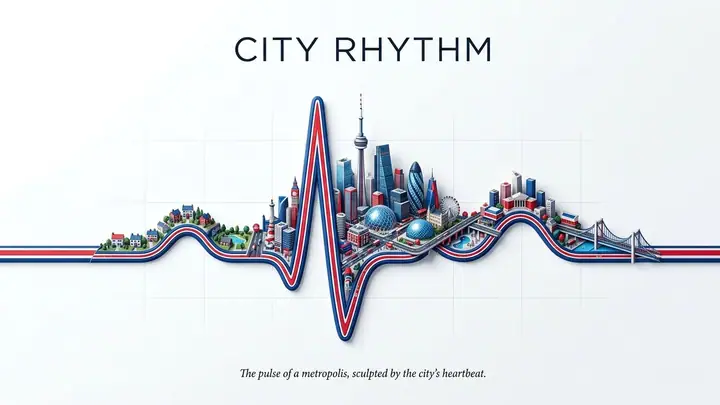 Heartbeat line on white with a miniature city skyline rising in its peaks
