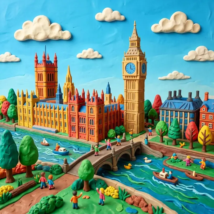 Colorful clay miniature of a famous landmark with puffy clouds and water