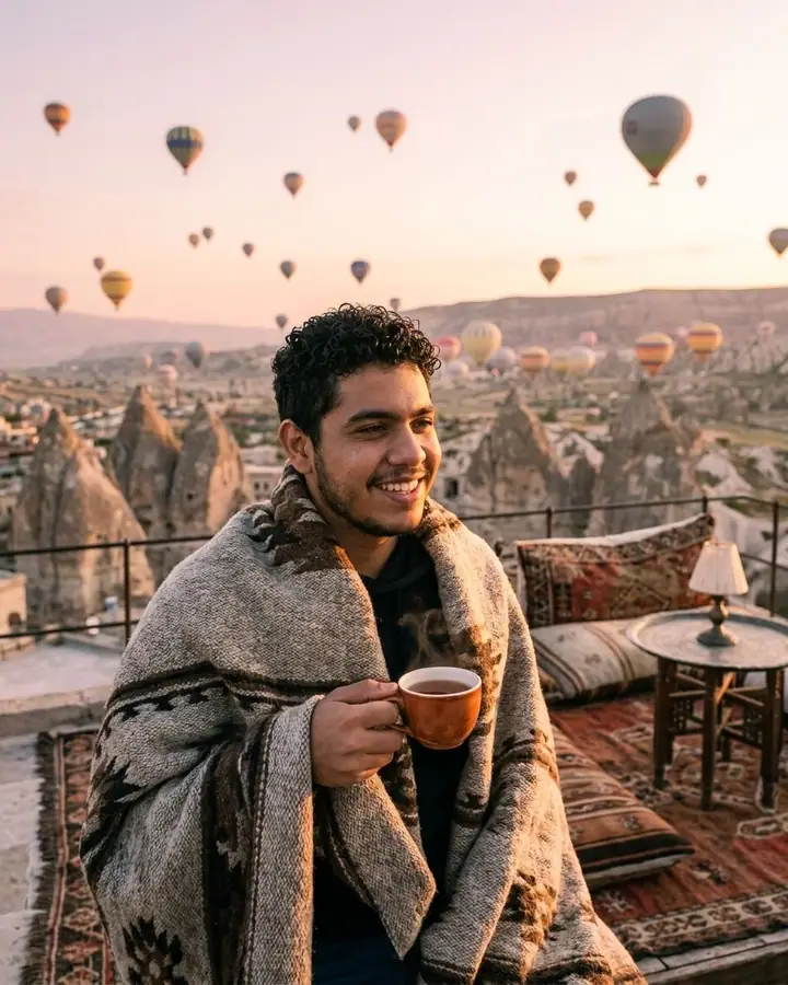 AI example of a man on a rooftop at sunrise with hot air balloons over a valley