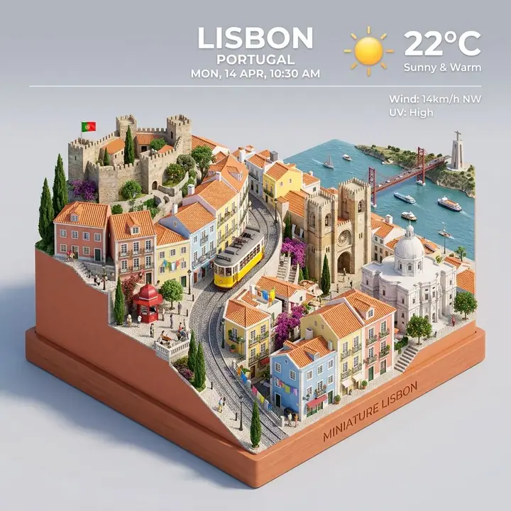 Isometric miniature city diorama with name, weather icon and temperature