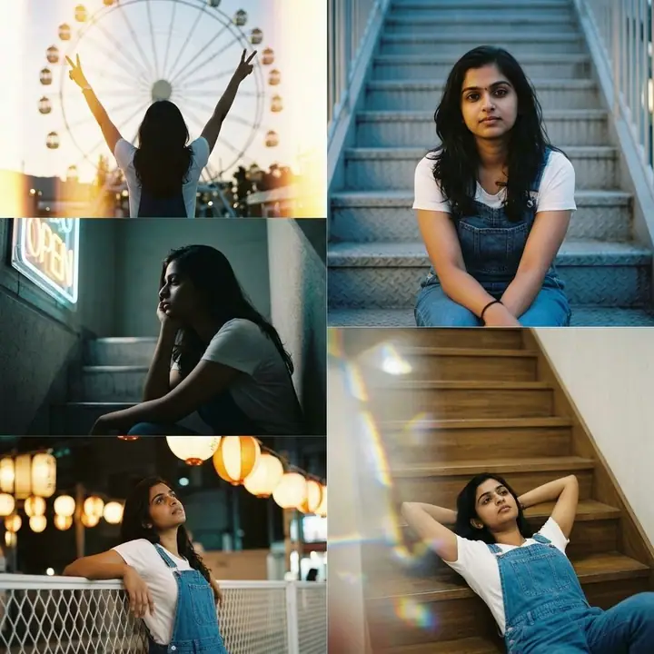 Five-frame collage of a woman at a night festival with lanterns and a Ferris wheel