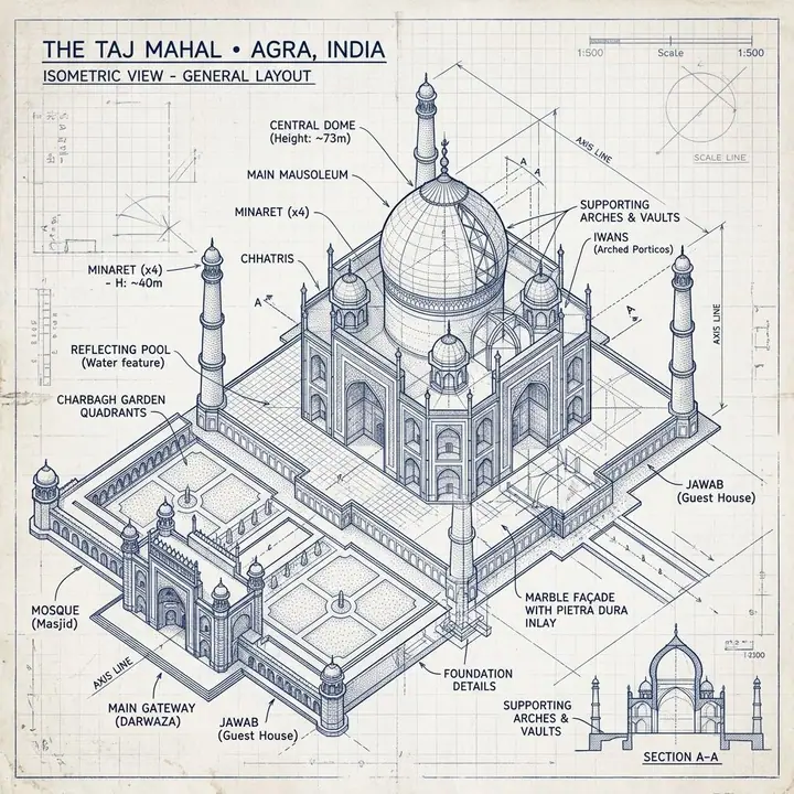 Blue ink isometric blueprint drawing of the Taj Mahal with annotations
