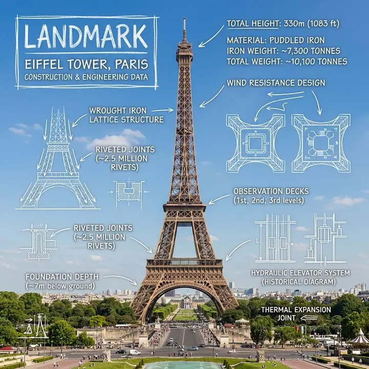 Landmark photos overlaid with white chalk-style technical annotations