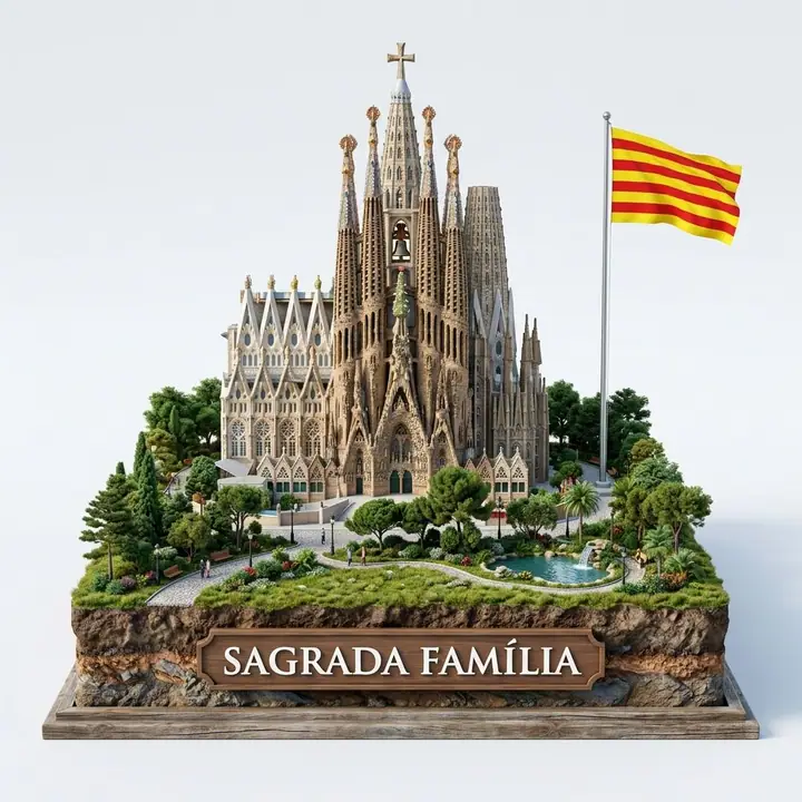 Miniature landmark on a raised slice of earth with a name sign and flag