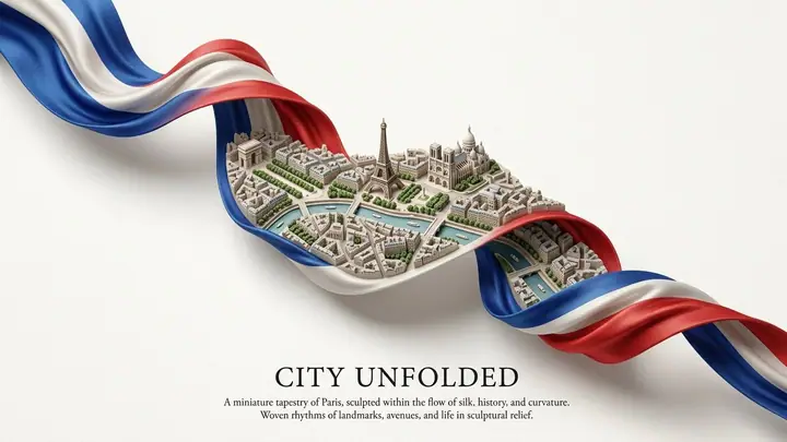 Silk ribbon in flag colors with a miniature city sculpted into its folds