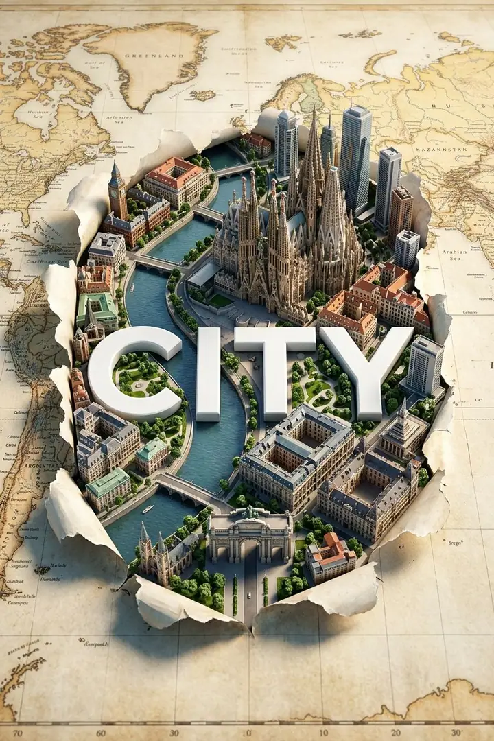 3D miniature city bursting through a torn world map with large city lettering